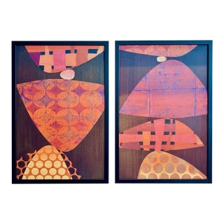 Pair of Mid Century Style Framed Orange and Brown Abstract Prints For Sale