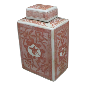 Chinese Vintage Ceramic Lid Pot,Underglaze Red Porcelain Tea Jar Hand Painted Peaches Pattern