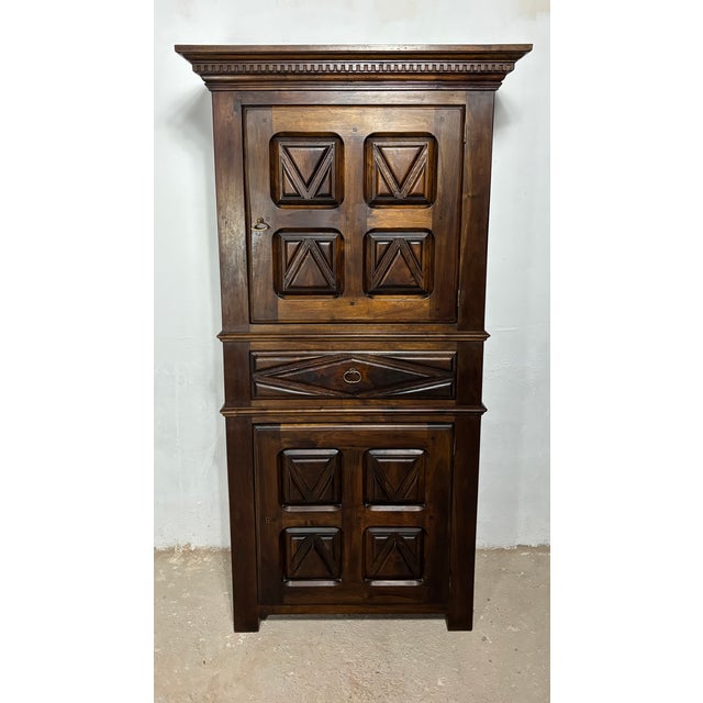 Vintage Spanish Renaissance Style Walnut Cabinet with Geometric Carve, 1920 For Sale - Image 4 of 16