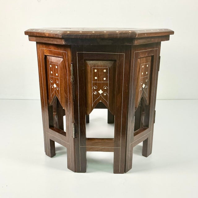1970s Vintage Boho Chic Moroccan Mediterranean Octagonal Wood Inlaid Drinks Table For Sale - Image 10 of 12