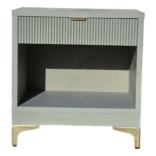 Late 20th Century Campaign Style Sage Green Nightstand W/ Gold Accents – Modern Fluted Front For Sale