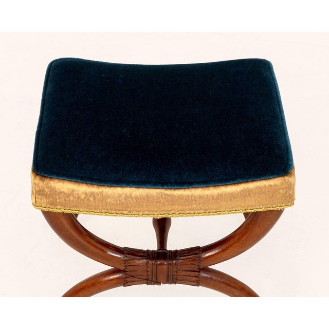 Mid 20th Century Empire Style Velvet Upholstered Curule Stools, Pr. For Sale - Image 5 of 8