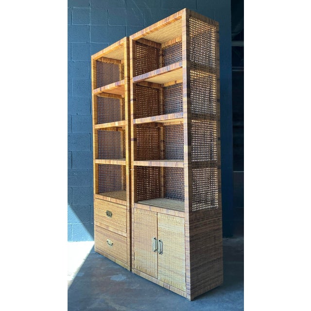 This exceptional pair of vintage étagères embodies the relaxed yet sophisticated aesthetic of 1970s Coastal and Boho...