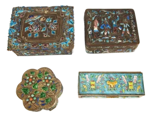 Early 1900s Antique Collection of 4 Metal and Enamel Boxes for Export