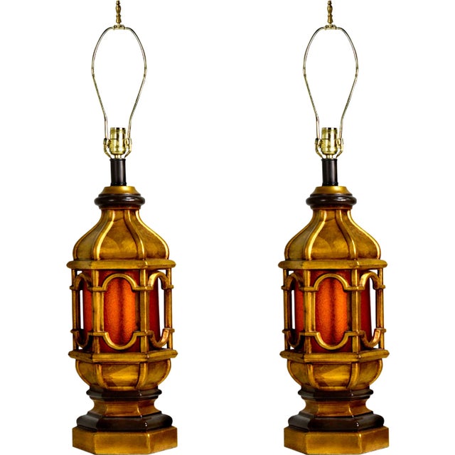 Contemporary Moroccan Style Gilt Lanterns With Faux Glass in Amber - a Pair For Sale - Image 11 of 12