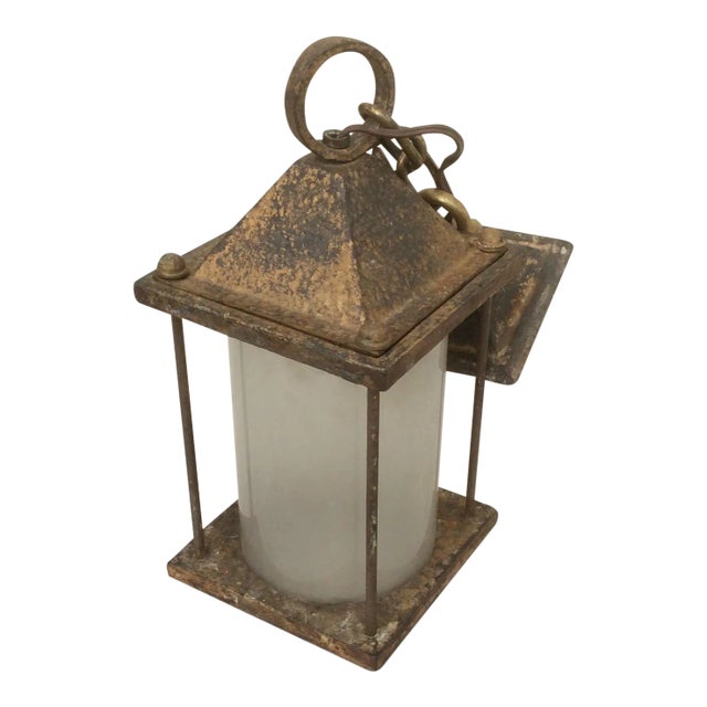 Antique Hammered Texture Iron and Glass Lantern For Sale