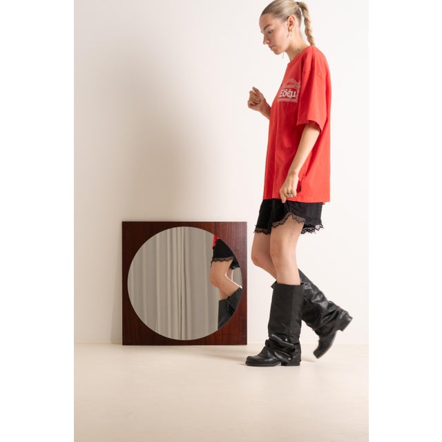 Mid-Century Geometric Wood Veneer Mirror, 1970s, in Very Good conditions. Designed 1970 to 1979