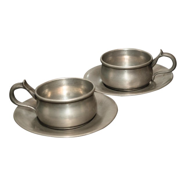 Vintage Italian Pewter Espresso Demitasse Cups and Saucers- 4 Pieces For Sale