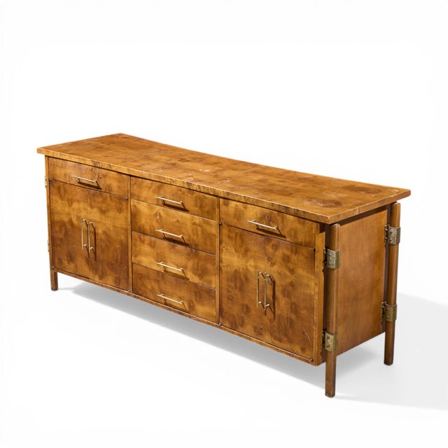 Harold Schwartz for Romweber Mid Century Burlwood and Brass Credenza and Hutch For Sale - Image 12 of 13