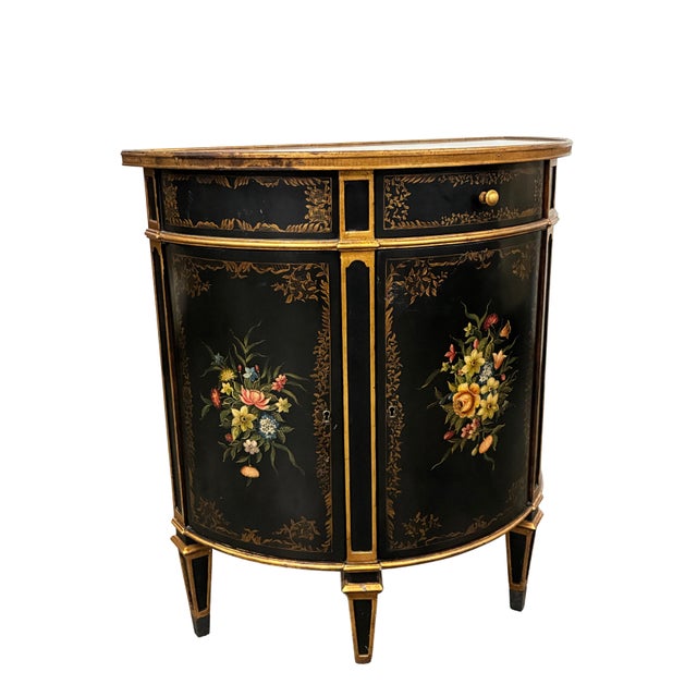 Late 20th Century Late 20th Century Theodore Alexander Louis XVI Style Hand-Painted Black & Gilt Demilune Cabinet For Sale - Image 5 of 12