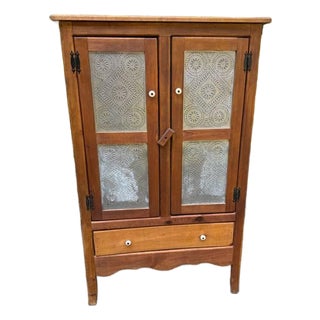 Vintage Early American Primitive Rustic Style Pie Safe Cabinet With Punched Tin Front Panels For Sale