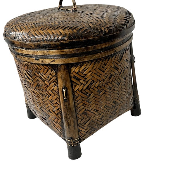 Late 20th Century Vintage Bamboo and Woven Rattan Storage Basket For Sale - Image 5 of 8