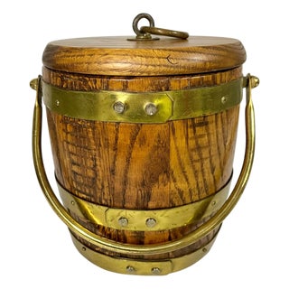Vintage English-Style Wood & Brass Ice Bucket, Mid-Century For Sale