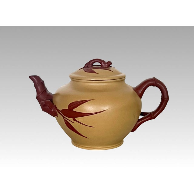 1970s Vintage Bamboo Yixing Zisha Chinese Unglazed Tea Pot With Bamboo Handle & Spout For Sale - Image 5 of 9