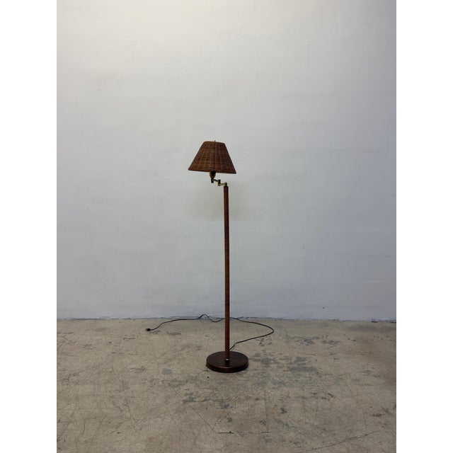 Mid-Century Modern Mid-Century Brass and Rattan Wrapped Floor Lamp With Wicker Shade, 1960s For Sale - Image 3 of 12