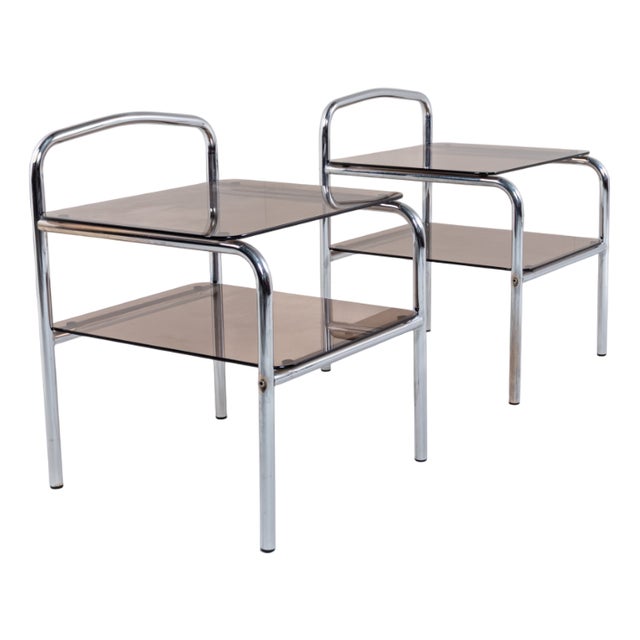 Vintage Modernist Chrome and Smoked Glass Side Tables, 1970s, Set of 2 For Sale