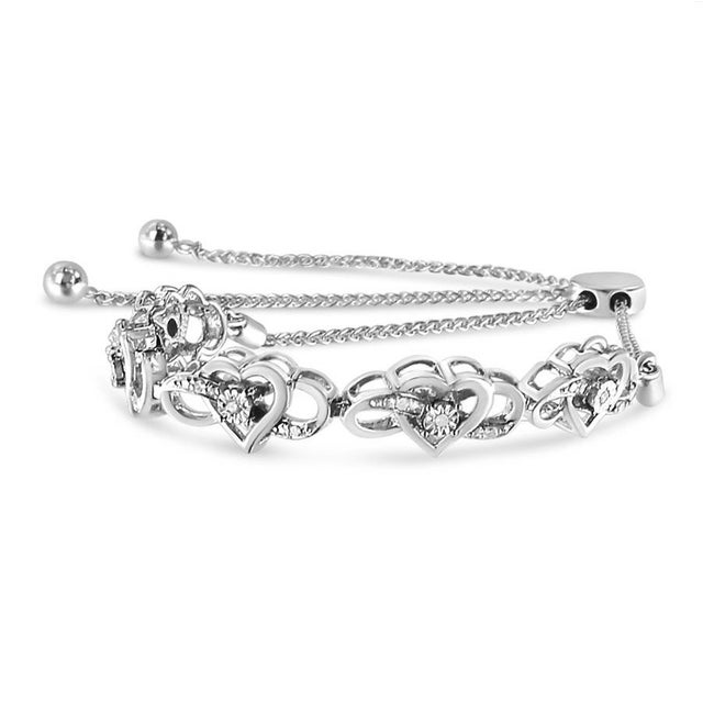Contemporary .925 Sterling Silver Diamond Accent Interlocking Infinity and Heart 4”-10” Adjustable Bolo Tennis Bolo Bracelet (H-I Color, I2-I3 Clarity) For Sale - Image 3 of 6
