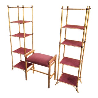 1970s Pair Narrow Maison Bagues Style Faux Bamboo Gilded Étagères With Matching Vanity Bench For Sale