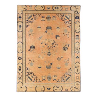 1890s Rose Pink Floral Vase Qing Antique Chinese Peking Carpet 6'6''x 8'4'' Knotted Wool Rug For Sale