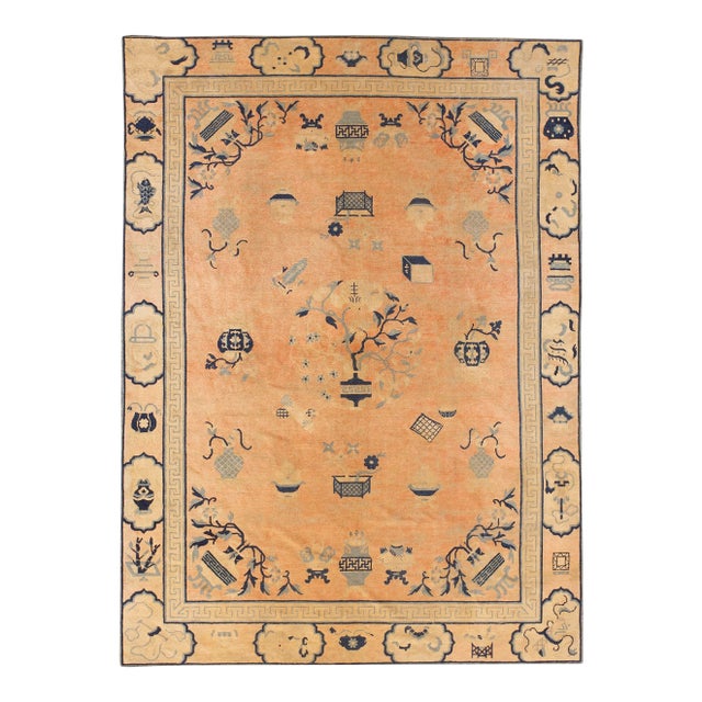 1890s Rose Pink Floral Vase Qing Antique Chinese Peking Carpet 6'6''x 8'4'' Knotted Wool Rug For Sale