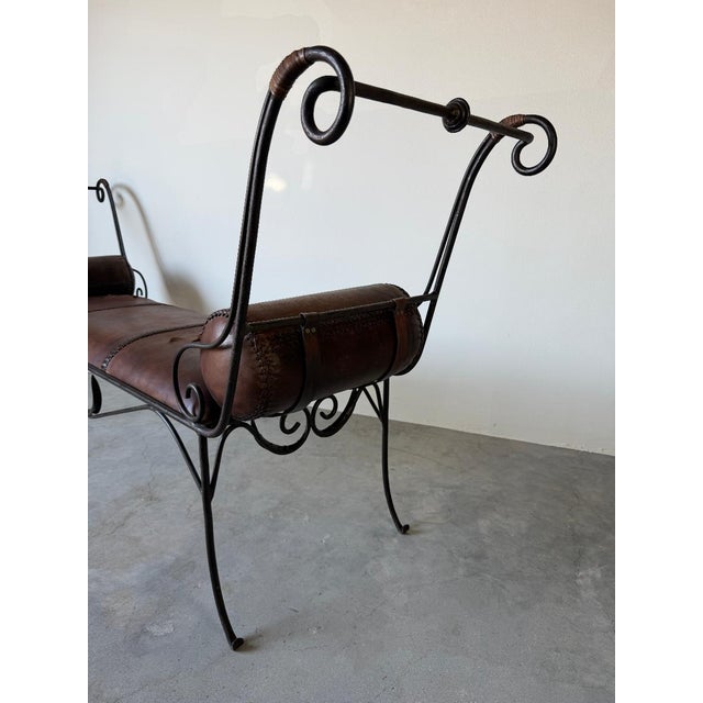 Vintage Rustic Wrought Iron & Leather Scroll Bench For Sale - Image 9 of 16