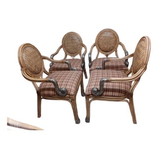 Vintage Bamboo Rattan Dining Armchair Metal Accents Set of 4 For Sale