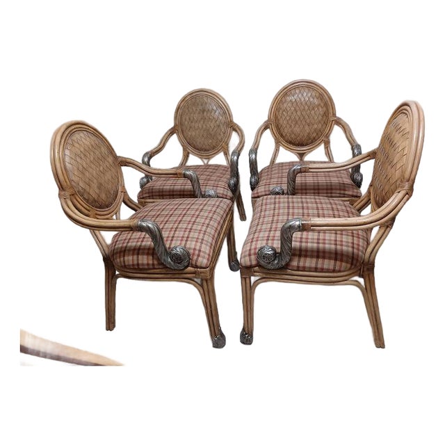 Vintage Bamboo Rattan Dining Armchair Metal Accents Set of 4 For Sale