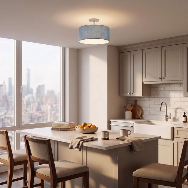 Constructed with a Satin Nickel Steel Body and a vibrant Drum Turquoise Linen Shade, the Stretch Semi Flush Mount is a...