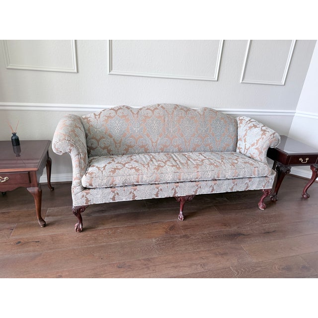 Formal Carved Mahogany Sofa – Cream & Gold Floral Damask Upholstery For Sale - Image 4 of 4