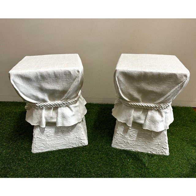 1980s 1980s Lane Trompe-Loeil White Draped Plaster Pedestal or Garden Stools After John Dickinson- Set of 2 For Sale - Image 5 of 10