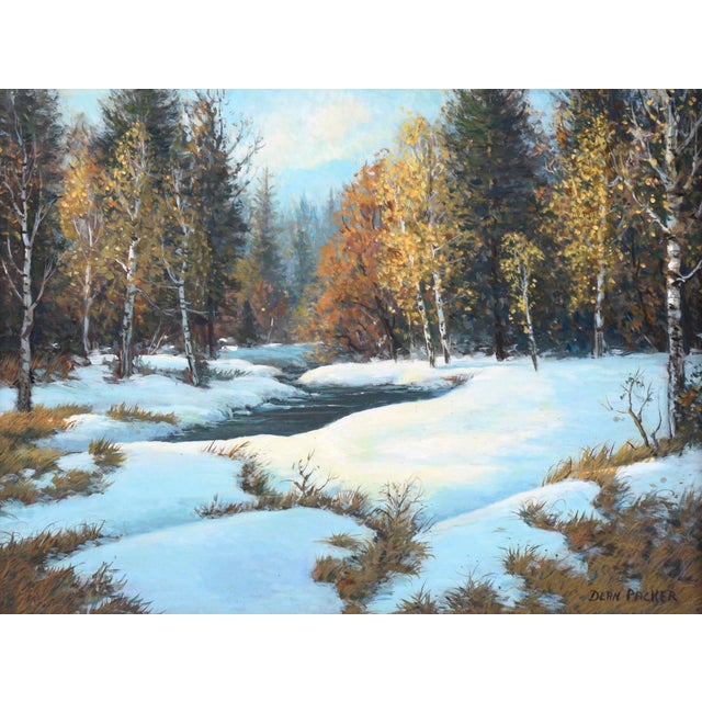 Snowy Creek in Hope Valley - Landscape in Oil on Masonite Detailed winter scene by American artist Dean Packer (b. 1933)....