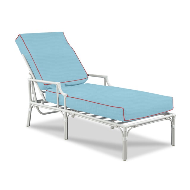 Traditional Haven Outdoor Chaise in Canvas Air Blue with Canvas Jockey Red Welt For Sale - Image 3 of 4