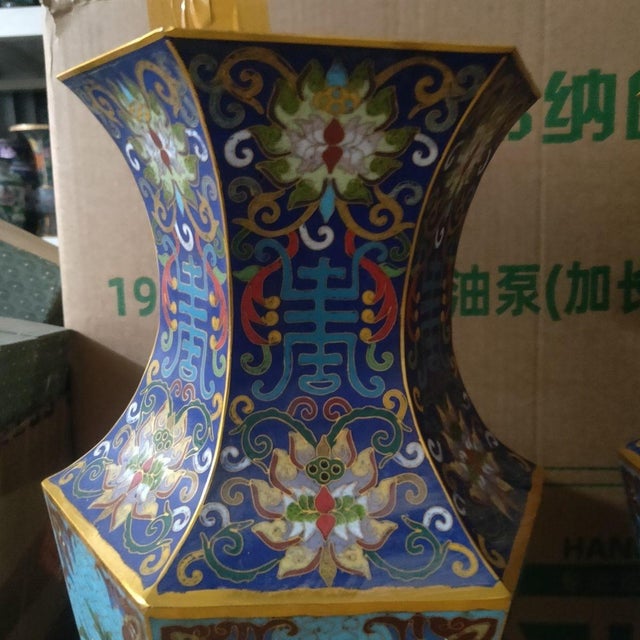 Late 20th Century Pair of Large Vintage Cloisonné Enamel Hexagonal Vases – Floral & Scholar's Object Motif For Sale - Image 5 of 9