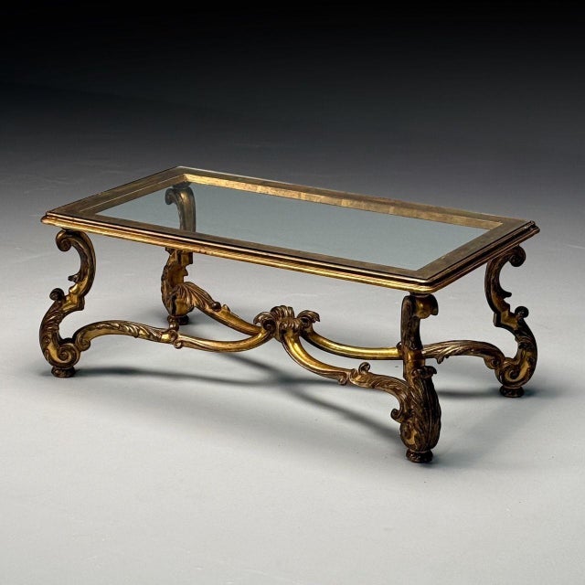 Hollywood Regency, Coffee Table, Gilt Wood, Gold Leaf, Glass, Italy, 20th C. This Italian Carved Glass Top Coffee/Cocktail...