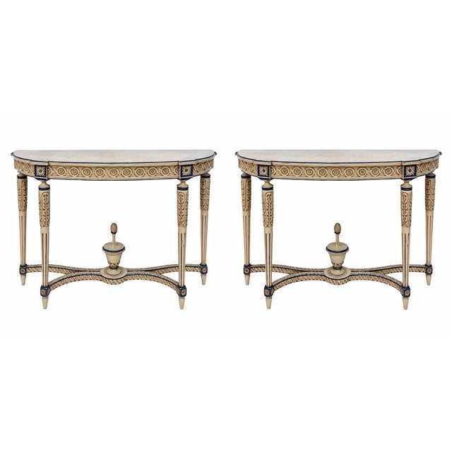 Ivory Italian Neo-Classic Maison Jansen Style Carved & Painted Console Tables - Pair For Sale - Image 8 of 8
