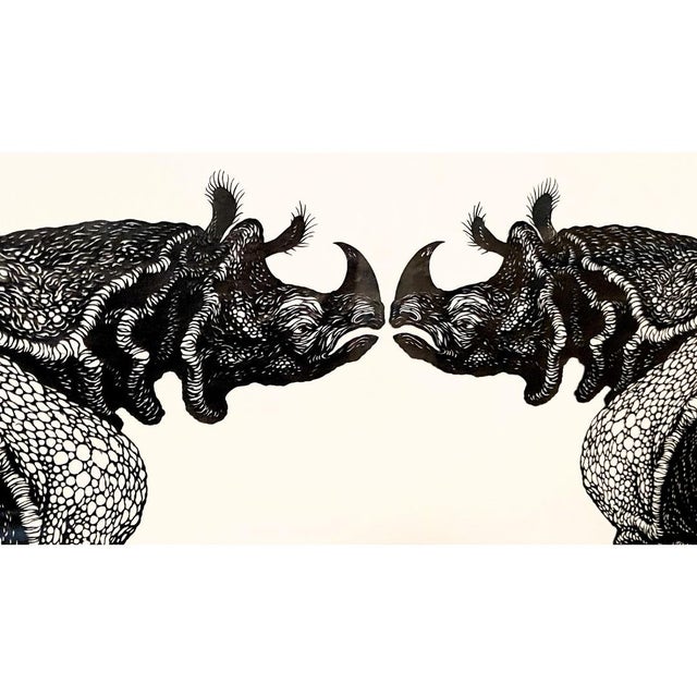 African 1990s Rhino by Ernst Oppliger a Detailed Master Paper Cut Scherenschnitte Black and White For Sale - Image 3 of 12