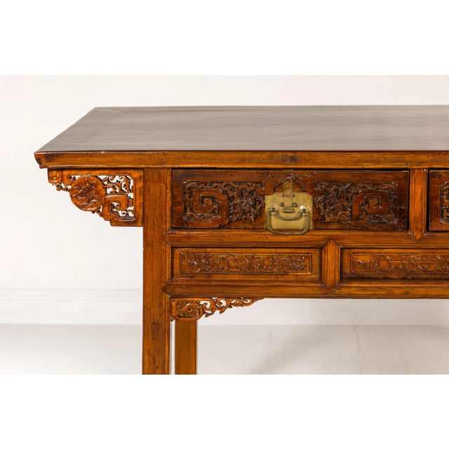 Mid 20th Century Carved Console Table with Two Drawers, Scrolling Clouds & Flowers For Sale In New York - Image 6 of 12