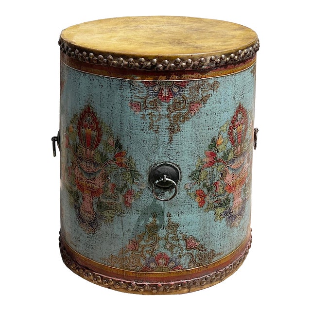 Distressed Chinese Tibetan Drum Shape Light Blue Floral Side Table Chairish