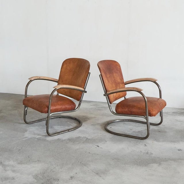 Set of Tubular Armchairs in Cognac Leather, 1930s For Sale - Image 12 of 14