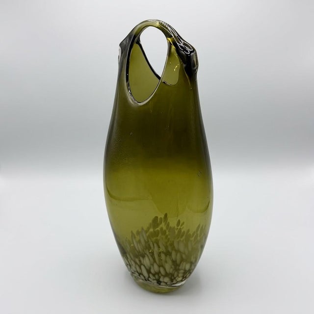 Large Mid-Century Hand-Blown Olive Green and White Spatter Art Glass Vase, 1970s For Sale - Image 4 of 17
