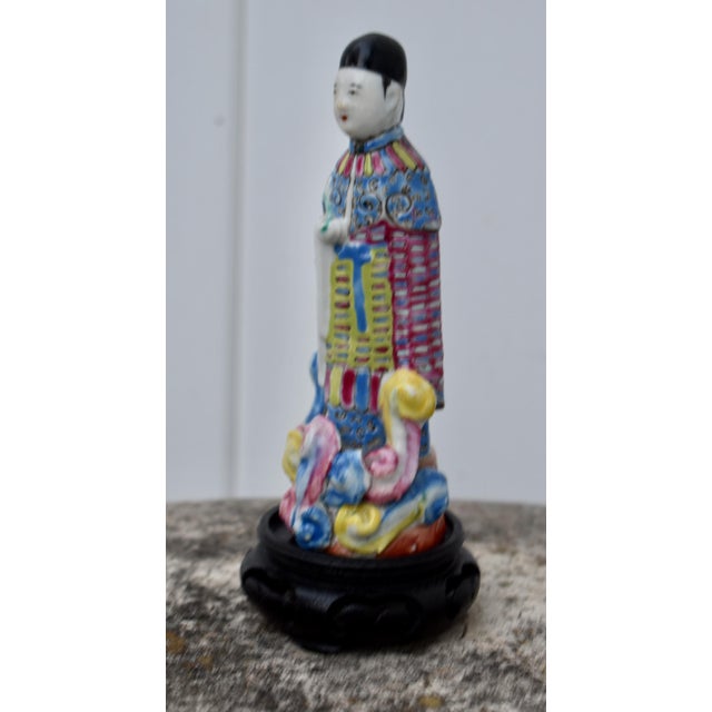 Wood Vintage Chinese Famille Rose Porcelain Figurine Scholar Court Figure Wood Stand For Sale - Image 7 of 15
