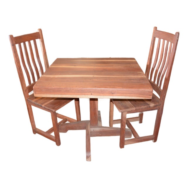 Vintage Rhodesian Teak Square Dining Kitchen Table With 2 Matching Chairs - From Zimbabwe For Sale