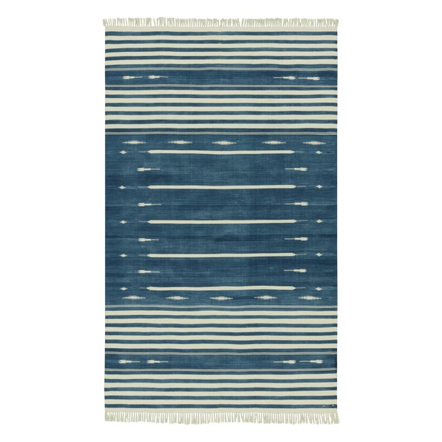 Blue Rug & Kilim's Modern Dhurrie Rug in Blue with White Stripes & Geometric Patterns - 12x18 For Sale - Image 8 of 8