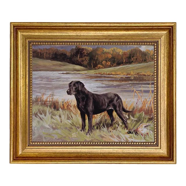 Labrador Retriever With Duck Oil Painting Print on Canvas in Antiqued Gold Frame- an 8" X 10" Framed to a 11-1/2" X 13-1/2" For Sale