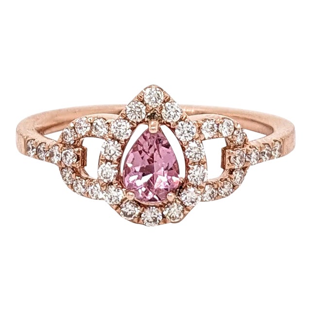Pink Imperial Topaz Ring W Earth Mined Diamonds in Solid 14k Rose Gold Size 6.75 For Sale