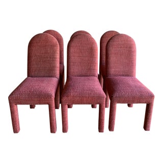 1970s Vintage Postmodern Rosy Pink Wool Boucle Fully Upholstered Lozenge High Back Parsons Dining Chairs -Set of 6 For Sale