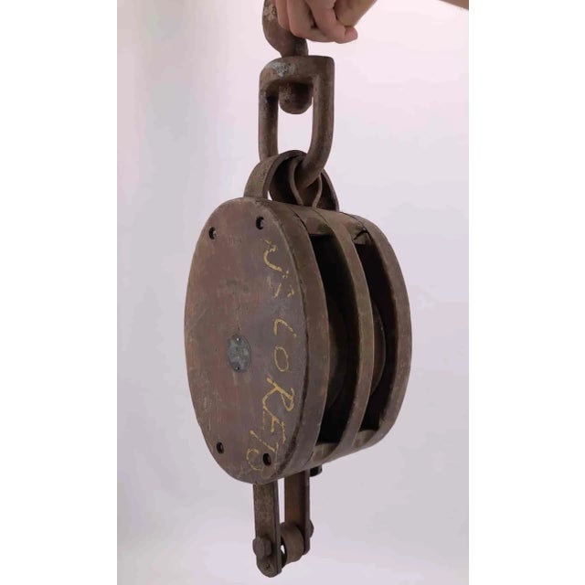 Wood Double Pulley in Wrought Iron and Solid Wood For Sale - Image 7 of 10