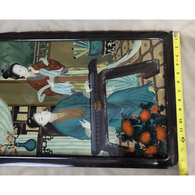 1920s Chinese Art Reverse Glass Painting Wooden Frame For Sale - Image 10 of 11