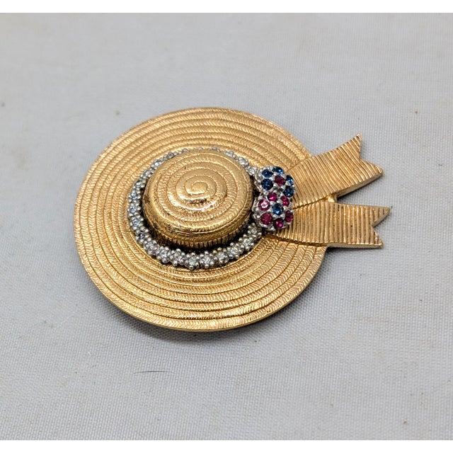 1960s Vintage Signed Ciner Goldtone Faux-Ruby & Sapphire With Clear Rhinestones Hat Brooch For Sale - Image 5 of 8