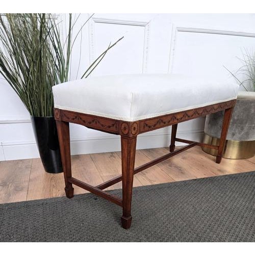 1950s Neoclassical Italian Wooden Inlay Upholstered Bench, 1950s For Sale - Image 5 of 9